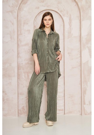 Kadın Pliseli Beli Lastikli Pantolon Tunik Gömlek Ikili Bürümcük Salaş Takım 3573300 Haki
