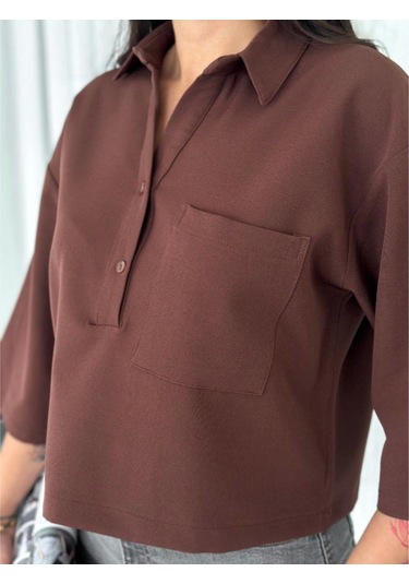 Crop Lucky Life Kadın Yakalı Gömlek Üç Çeyrek Sleeve Kol - Kahverengi Renkli