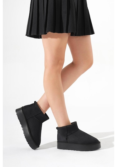 Kalın Poli Taban İçi Kürklü Süet Görünümlü Kadın Siyah Bot Tbmhh005 Siyah