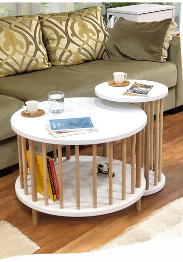 İkili Set Yuvarlak Orta Sehpa Ahşap Ayaklı Sehpa Iki Raflı Sehpa Dekoratif Sehpa Gazetelikli Beyaz - Beyaz