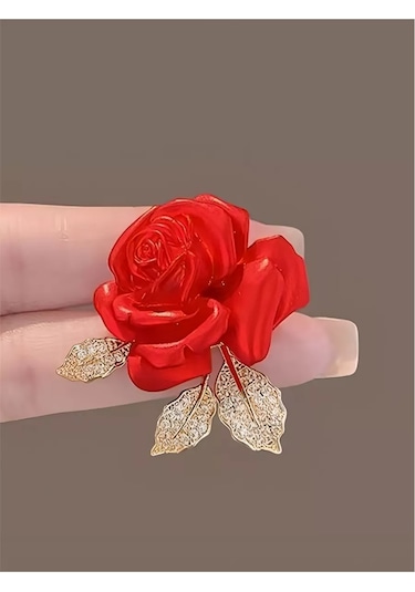 Zirkon Taşlı Gül Broş 245383237 Kırmızı