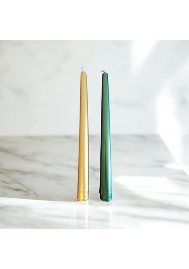 Denic 2 li Metalik Yeşil ve Gold Şamdan Mum Konik Mum