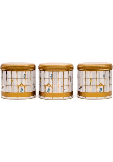 Bird Cage Desenli Oval Metal Saklama Kabı Seti 3 Lü