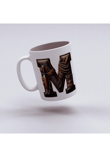 M Harfi Kovboy Temalı Bardak 330 Ml İsim / Harf Kişiye Özel Hediye - Vahşi Batı Konsept Beyaz