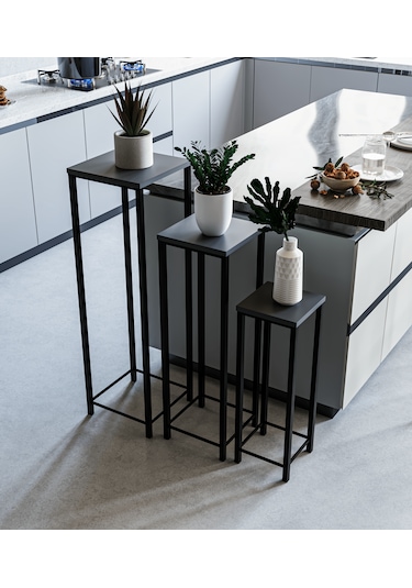 Dekoratif Saksılık 3'lü Takım - Metal Ayaklı Saksı Standı Yan Sehpa Antrasit