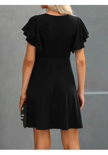 Kadın Kısa Kelebek Kollu Bisiklet Yaka Janjan Krep Elbise Çok renkli