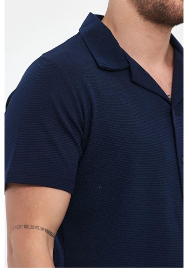 Erkek Rahat Kalıp Ottoman Kumaş Nefes Alabilen Pamuklu Apaş Yaka Gömlek Lacivert