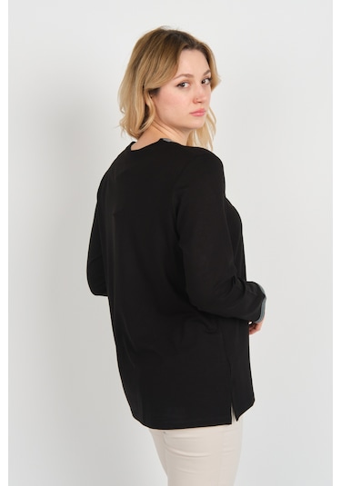 Detay Triko Kadın V Yaka Ve Yakası Taş Detaylı Uzun Kollu Anne Bluz 5711 Siyah Siyah