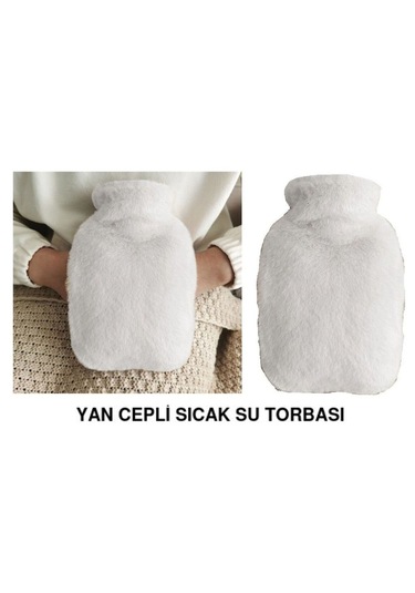 Sıcak Su Torbası Yan Cepli Beyaz Peluş Termofor 27x17x2cm 750ml