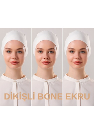 Kadın Tesettür Dikişli Set Bone Ekru 3 Adet Bağlamalı Penye Bone Ekru