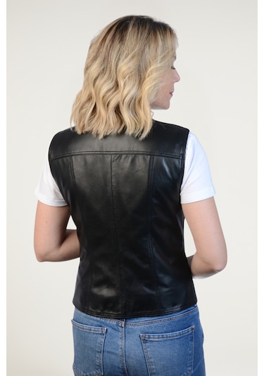 Derije Darla Hakiki Deri Kadın Siyah Yelek