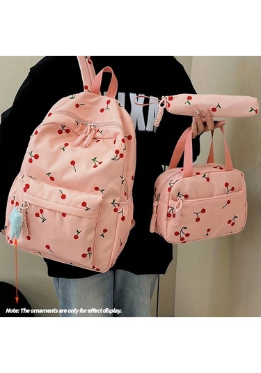 Maxaccess 3 Parça Kiraz Desenli Sırt Çantası + El Çantası + Kalem Kutusu Krem Beyaz