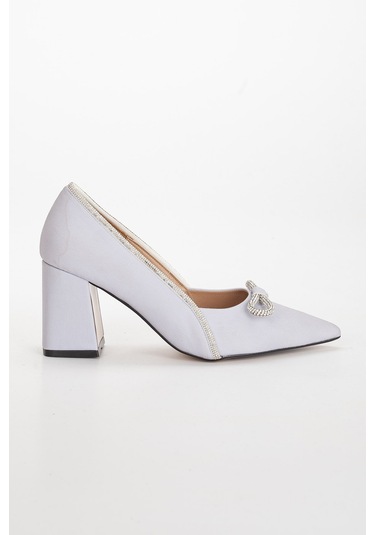 Saten Taşlı Kalın Topuk Gri Kadın Stiletto-2032-GRİ
