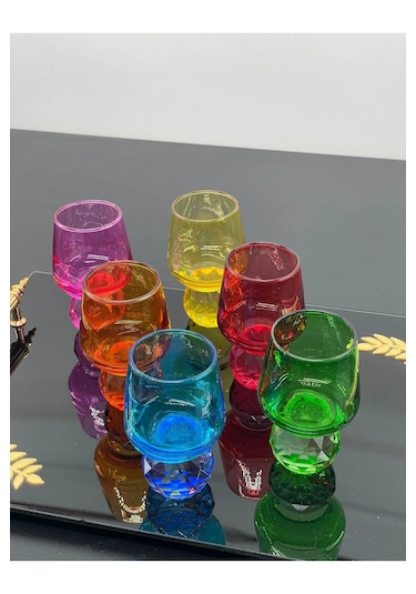 6 Kişilik Cam Elmas Ayaklı Renkli Kahve Yanı Bardağı Bardak 50ml Çok Renkli