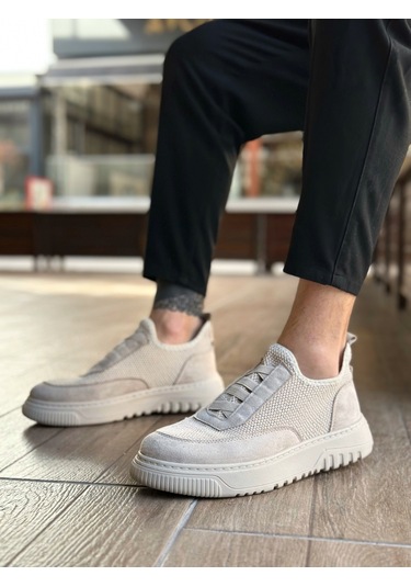 Pabucmarketi Bağcıksız Lastik Detaylı Triko Erkek Hi Sneaker Bej Bej Taban Renkli