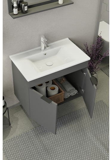 Biani Fix Arya 75 Cm Banyo Dolabı,Seramik Lavabolu, Aynalı,Lavabo Dahil,Mdf,Mat Gri Biani Fix Arya 75 Cm Banyo Dolabı,Seramik Lavabolu, Aynalı,Lavabo Dahil,Mdf,Mat Gri