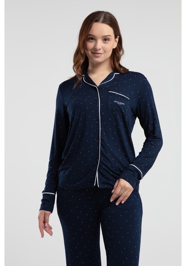 Pierre Cardin 8986 Uzun Kol Önden Düğmeli Kadın Pijama Takımı Lacivert