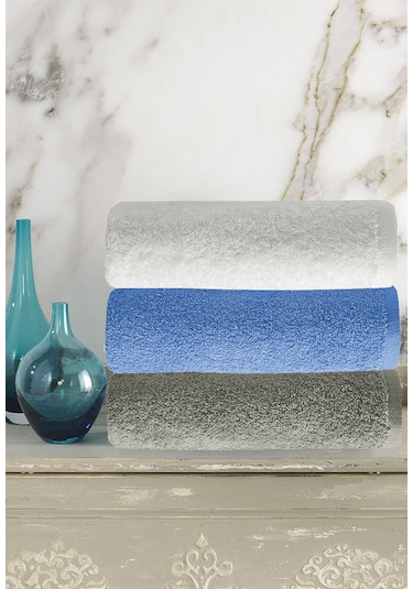 3 Lü Renkli El Yüz Havlu Seti %100 Pamuklu Natural Harmony Mavi