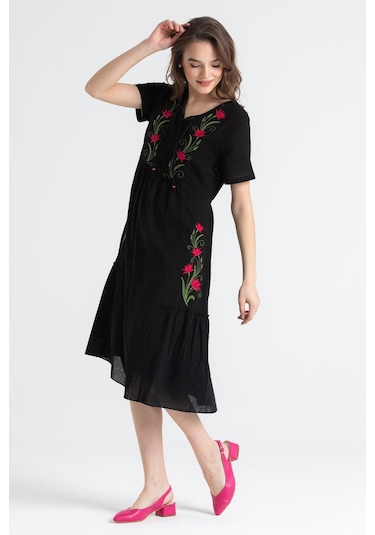Kısa Kol Şile Bezi Lalezar Nakışlı Midi Boy Elbise Siyah Syh-siyah Siyah