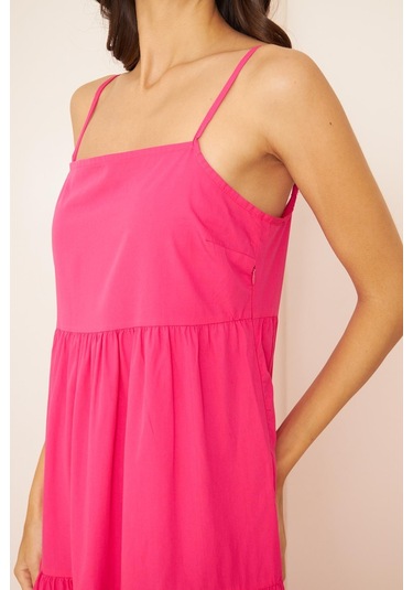 Fuşya İnce Askılı Katlı Elbise Dm1034 Fuşya