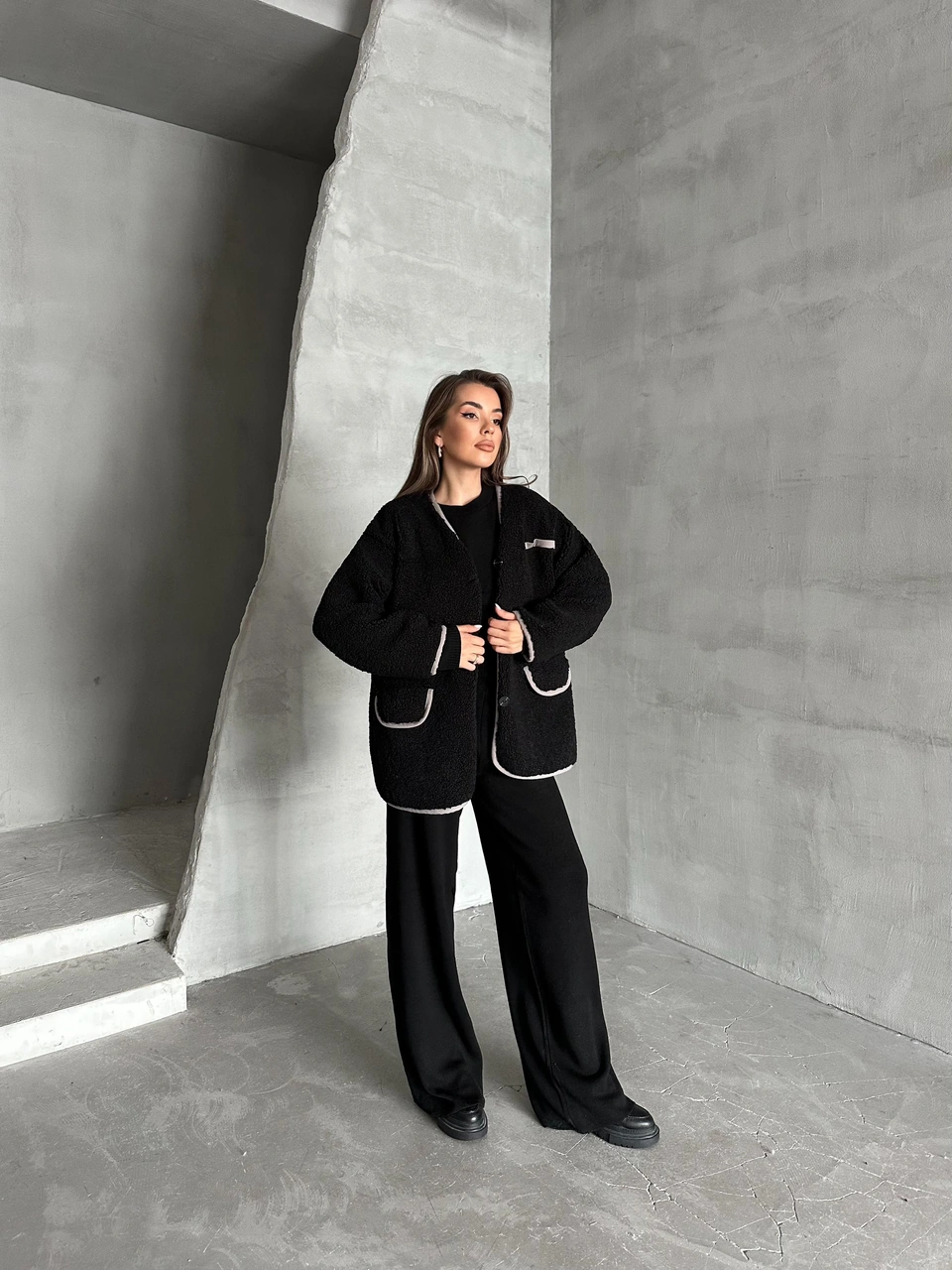 Siyah Oakland Şerit Detaylı Bürümcük Ceket Siyah