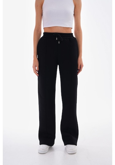 Kallima Çımalı Siyah Kışlık Şardonlu Yüksek Bel Bol Paça Eşofman Siyah