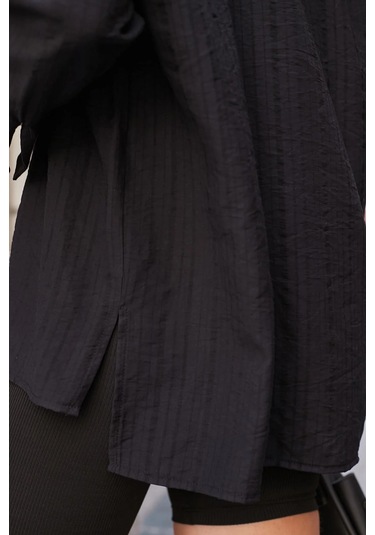 Kadın Likrasız Keten Kumaş Yakalı Cepli Düşük Omuzlu Salaş Oversize Tunik Gömlek-siyah Siyah