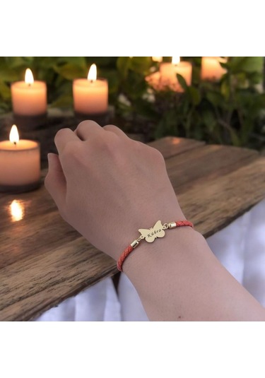 Kübra İsmine Özel 14 Ayar Altın Plakalı Turuncu Derili Kelebek Motifli Hediye Bileklik-502isim Kübra