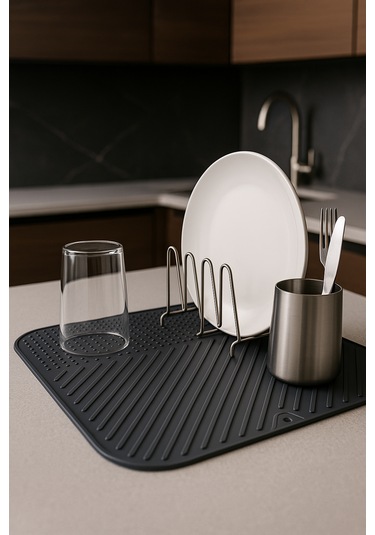 Silikon Bulaşık Kurutma Matı Su Toplamaz Kaydırmaz Bulaşıklık Tencere Altlığı 28x36 Cm Antrasit