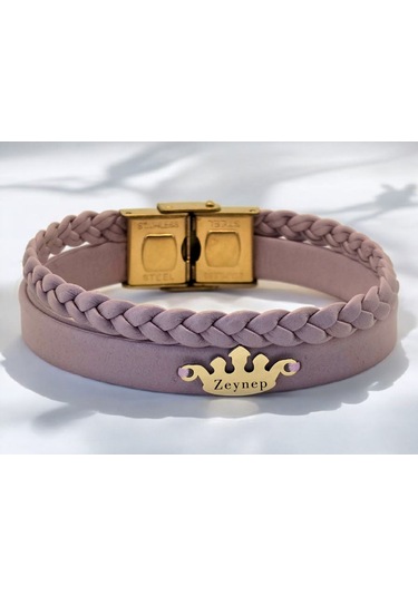 Archin Zeynep İsmine Özel 14 Ayar Altın Plakalı Doğal Mor Derili Taç Figürlü Hediye Bileklik-637isim Zeynep