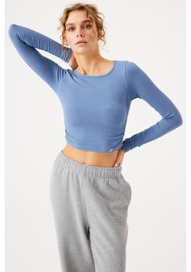 Aura Uzun Kol Büzgülü T-shirt Mavi Mavi