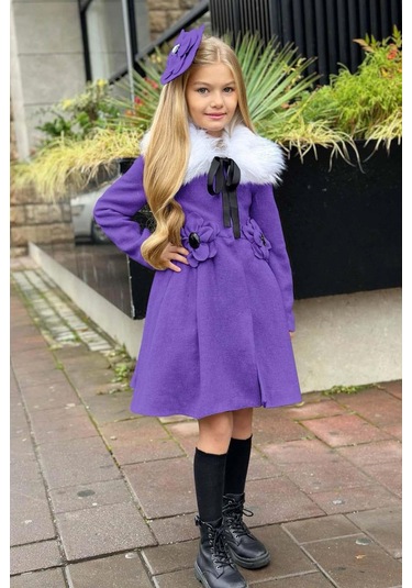 Riccotarz Kız Çocuk Kürk Yakalı Önü Çiçek Ve Elmas Taş Detaylı Mor Kaşe Mor