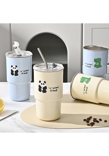 600 Ml 304 Paslanmaz Çelik Saman Bardak Araba Eşlik Eden Su Kapaklı Bardak Beigepanda Bej