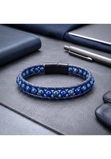 Moncuk Design 6mm Lapis Taşlı Deri Kordon Ve Çelik Bileklik 33512b2d6m14 Mavi 