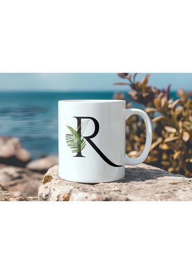 R Harf Zarif Yaprak Desenli Kupa Bardak - Naturel Sade Alfabe Harfli Bardak - Kişiye Özel Hediye Beyaz