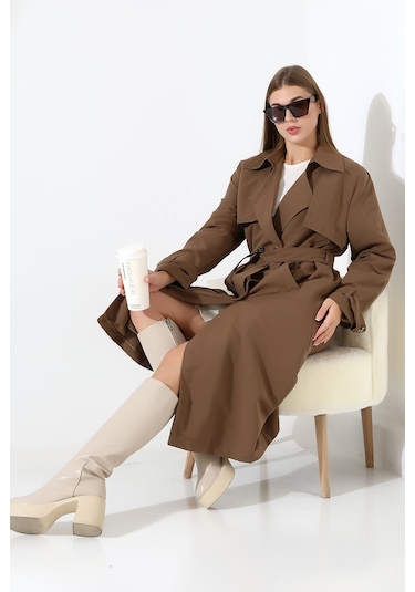 Amazon Keten Kumaş Diz Altı Yumuşak Dokulu Düğmeli Astarlı Trenç Kot Sütlü Kahve Sütlü Kahve