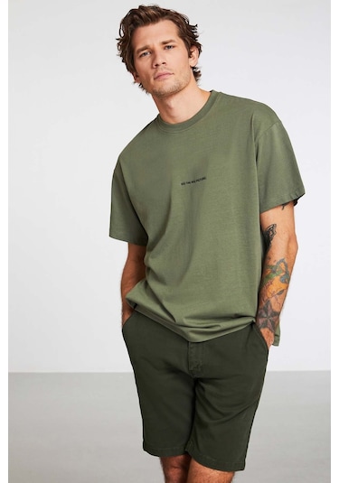 Rıver Erkek Nakış Işlemeli Oversize %100 Organik Pamuk Örme Haki T-shirt