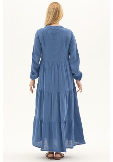 Uzun Kol İndigo Düğmeli Yazlık Uzun Müslin Elbise İndigo