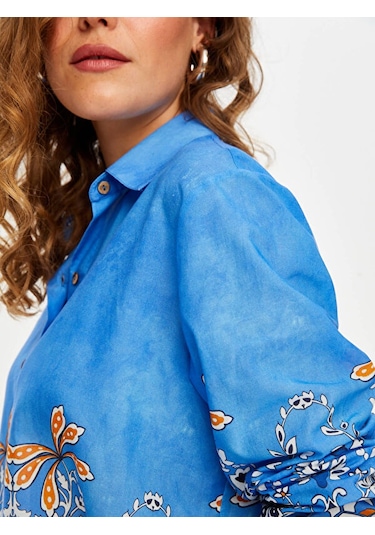 Eteği Etnik Desen Pamuk Vual Gömlek S25gml058 Us25gml05821 Mavi