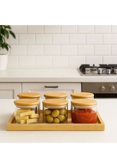 6 Borosilikat Cam Kahvaltılık Bambu Tepsili -bambu Kapaklı Kahvaltilik- 90 X 70 Mm Beyaz