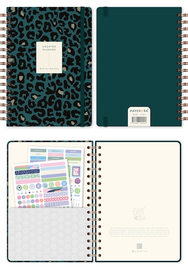 A5 Spiralli Süresiz Planlayıcı Ajanda Yeşil Leopar Yeşil Leopar