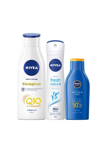 Nivea Q10 Sıkılaştırıcı Vücut Losyonu 250 ML+Fresh Kadın Sprey+Güneş Losyonu SPF50 100 ML