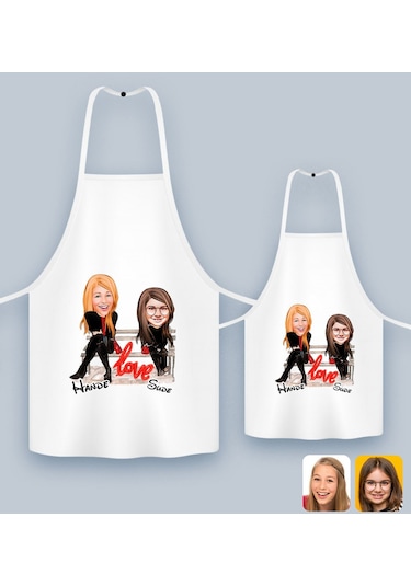 Bk Gift Kişiye Özel İkili Anne Kız Karikatürlü Mutfak Önlüğü Seti-3, Anneye , Anneler Günü leri