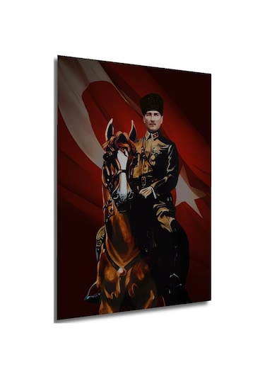 Mustafa Kemal Atatürk At Üzerinde Yağlı Boya Görünümlü Ahşap Dekoratif Tablo Uynkfrk63453
