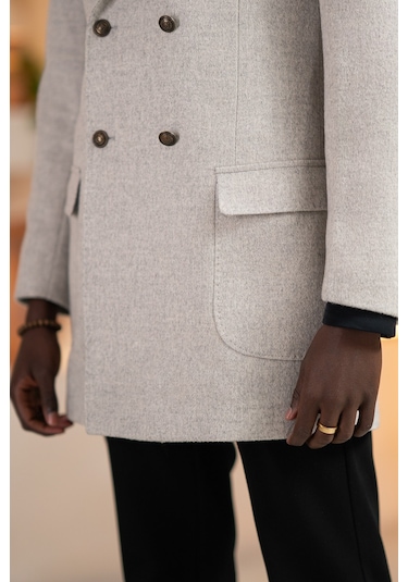 Paul Martin İtalyan Yaka Yünlü Kruvaze Kaşe Kaban Gri