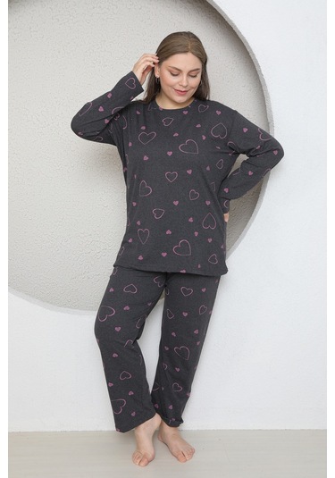 Fames Pijama Büyük Beden Kalp Desenli Mevsimlik Uzun Kol Pijama Takim Füme
