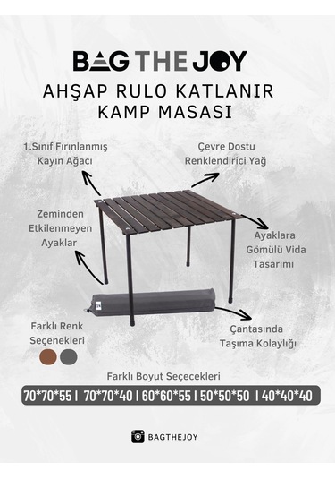 Bag The Joy 60 x 60 x 55 CM Ahşap Katlanır Kamp Masası - Antrasit Kahverengi