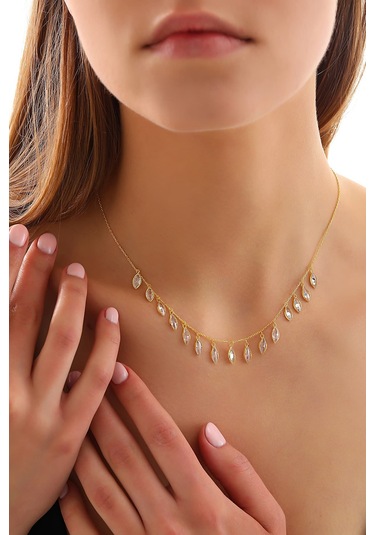 925 Ayar Gümüş Ful Mekik Zirkon Taş Sallantılı Kolye Altın