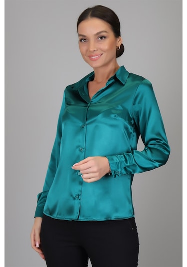 Sweetness Kadın Zümrüt Yeşili Saten Gömlek Yeşil