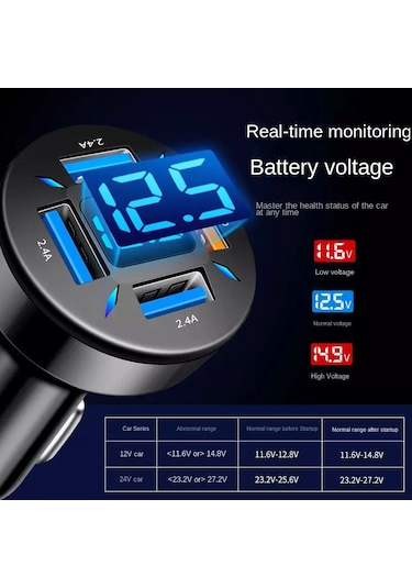 4'ü 1 Arada Usb 66w Dijital Ekranlı Araba Süper Hızlı Şarj Cihazı